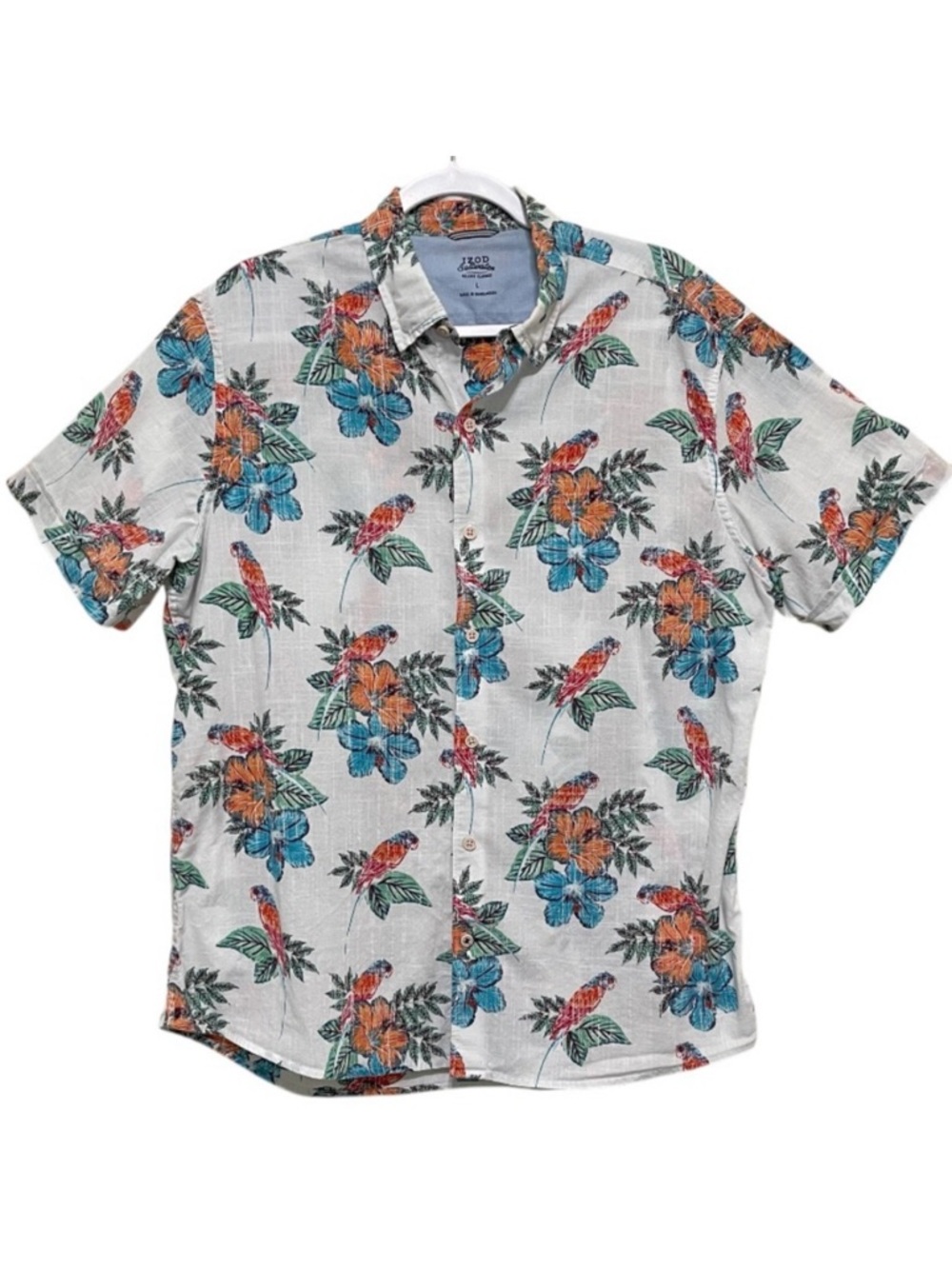 Izod Saltwater Relaxed Classics Shirt Hawaiian Tropical Parrot Luau Cotton Men L